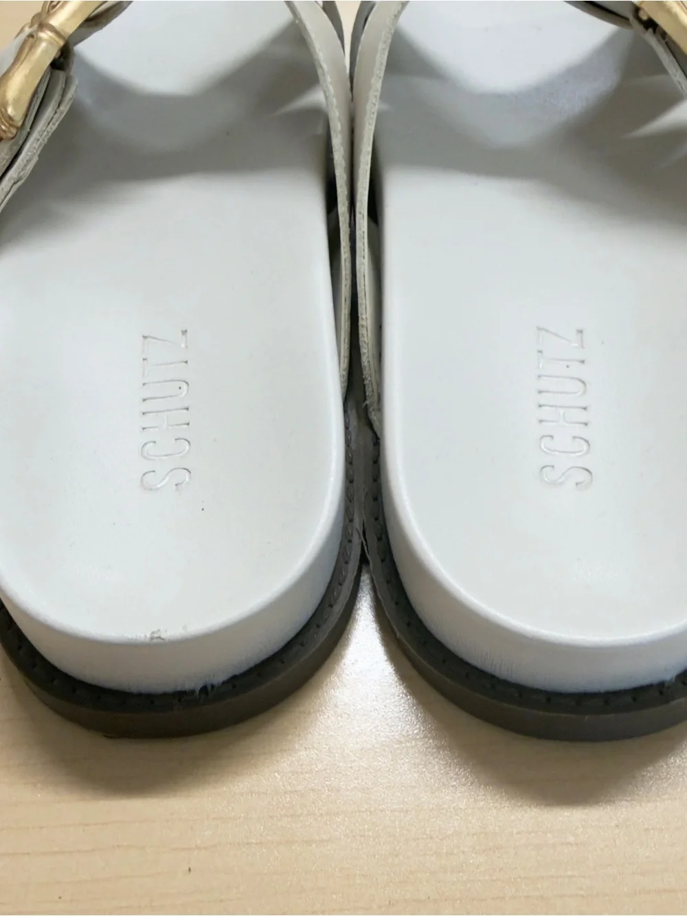 SCHUTZ Enola Leather Crossband Gold Buckle Slide Sandals Pearl White 8.5